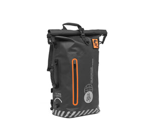 A black expedition backpack with orange trim and roll-top closure. It has a front zipper pocket and side opening.